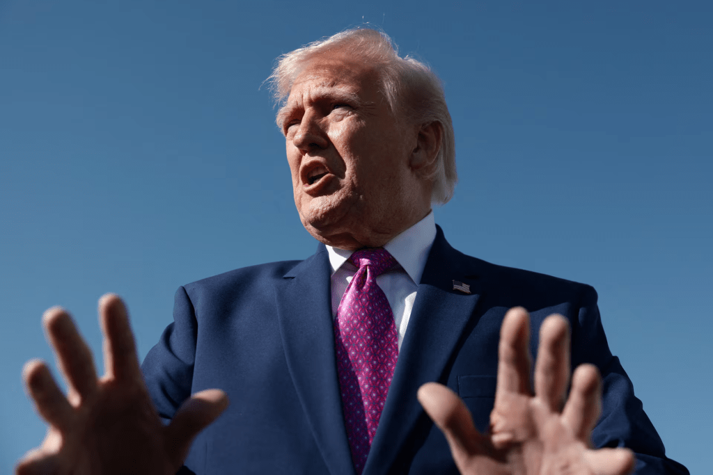 U.S. President Donald Trump speaks to the media, before boarding Air Force One on his way to Virginia, at Joint Base Andrews in Maryland, U.S., April 10, 2026. REUTERS/Evelyn Hockstein