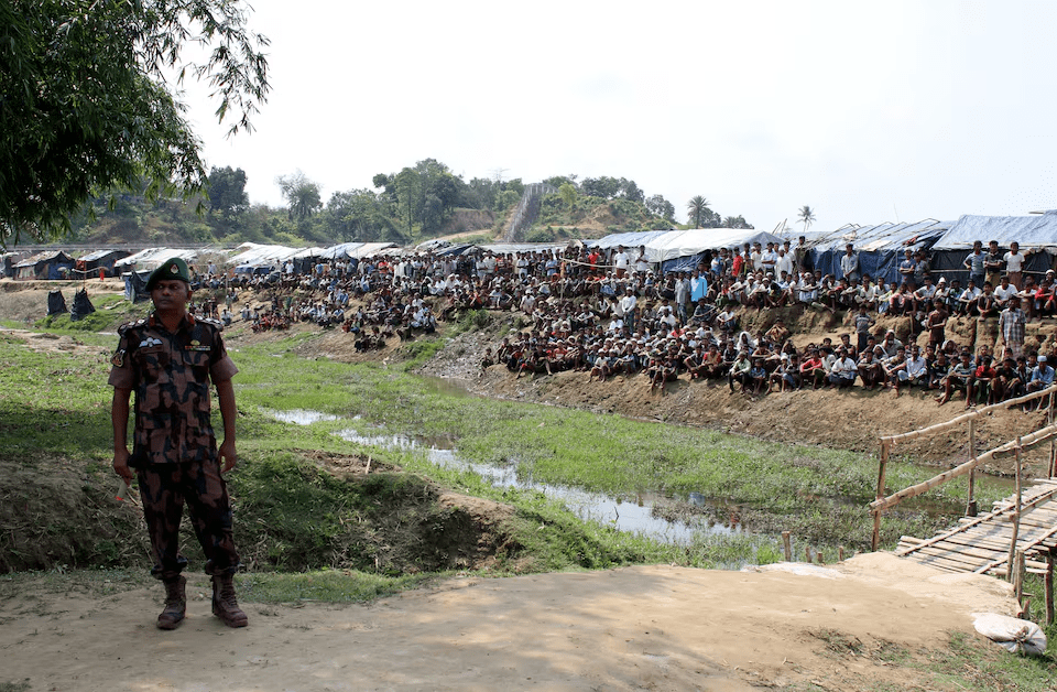 A soldier stands near the Cox's Bazar refugee camp in Bangladesh, near Rakhine state, Myanmar, during a trip by United Nations envoys to the region April 29, 2018. Picture taken on April 29, 2018. REUTERS/Michelle Nichols
