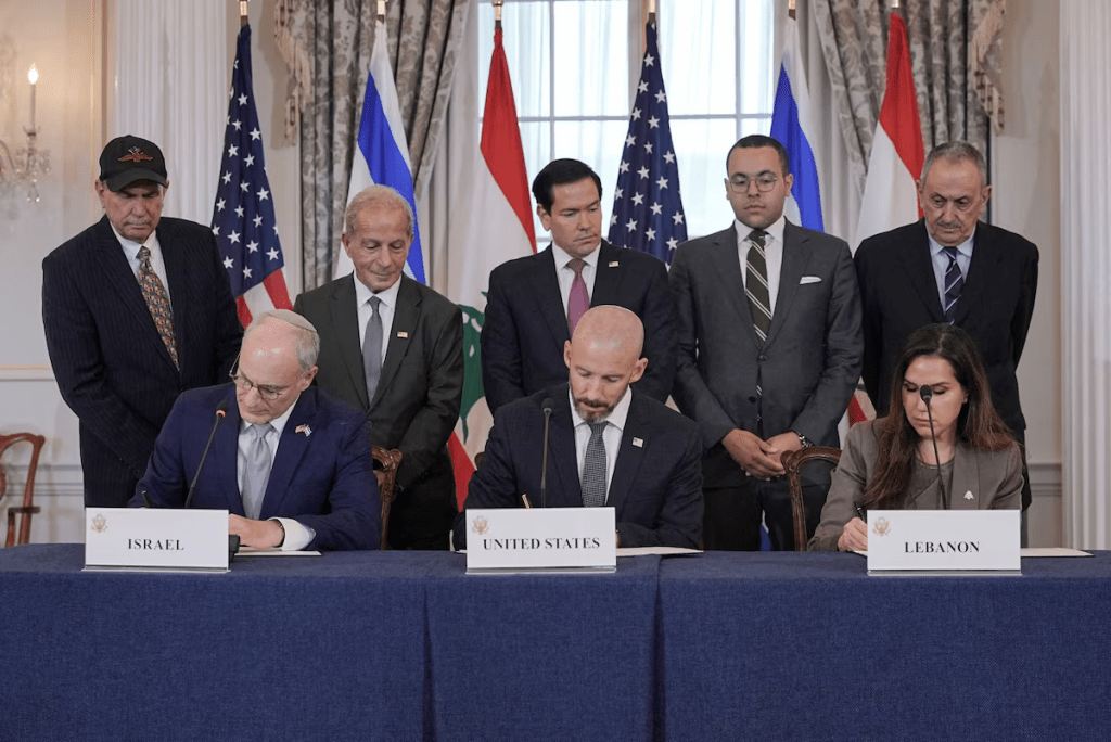U.S. Secretary of State Marco Rubio looks on as State Department Counselor Daniel Holler, Israel's Ambassador to the U.S. Yechiel Leiter and Lebanon's Ambassador to the U.S. Nada Hamadeh sign a framework agreement between Israel and Lebanon, at the State Department in Washington, D.C., U.S., June 26, 2026. REUTERS/Ken Cedeno/File Photo 