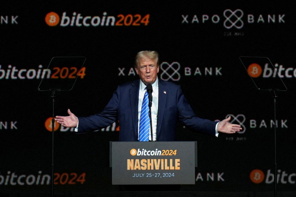 U.S. President Donald Trump speaks at the Bitcoin 2024 event in Nashville, Tennessee, U.S., July 27, 2024. REUTERS