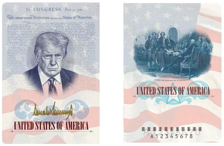 A U.S. passport featuring an image and signature of U.S. President Donald Trump is seen this rendering released by the State Department in Washington, D.C., U.S., April 28, 2026. U.S. State Department/Handout via REUTERS