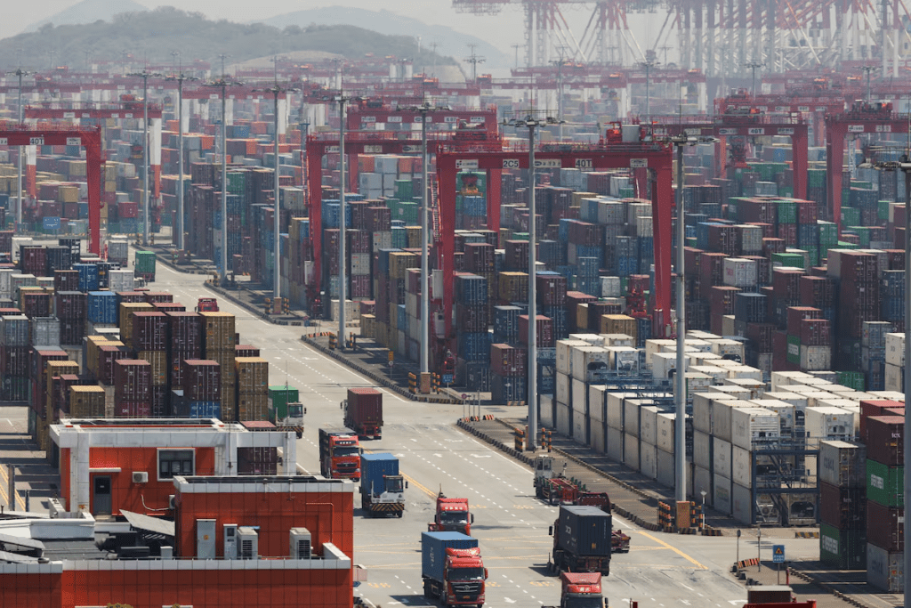 Gantry cranes stand near shipping containers at Yangshan Port outside of Shanghai, China, April 15, 2025. REUTERS/Go Nakamura/File Photo