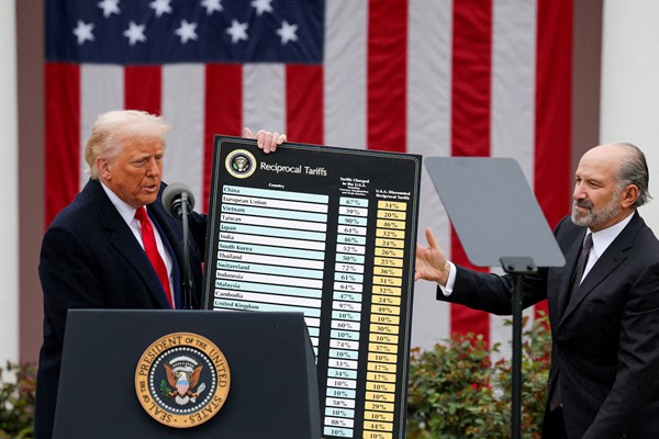 U.S. President Donald Trump holds a chart next to U.S. Secretary of Commerce Howard Lutnick as Trump delivers remarks on tariffs in the Rose Garden at the White House in Washington, D.C., U.S., April 2, 2025. REUTERS/Carlos Barria//File Photo