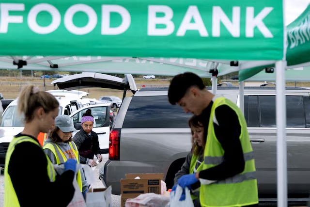 Volunteers place food items in vehicles during a mobile food distribution at Cedar Creek High School in Cedar Creek, Texas, U.S., November 1, 2025. REUTERS/Kaylee Greenlee/File Photo 