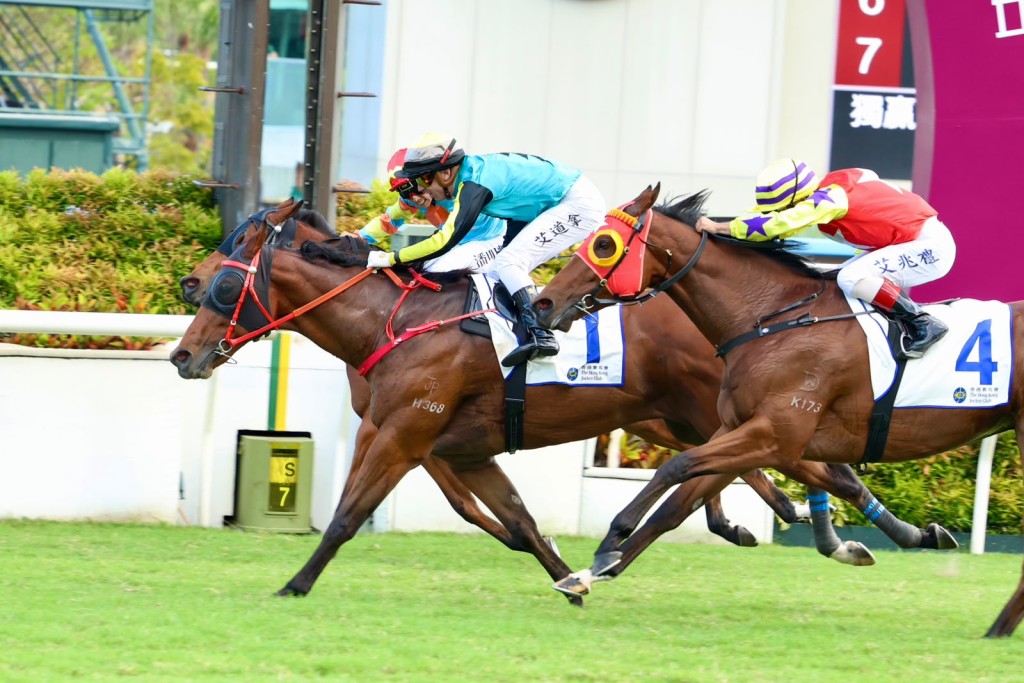 Raging Blizzard gets up in the shadows of the post in the Group Two Premier Bowl Handicap. Sing Tao