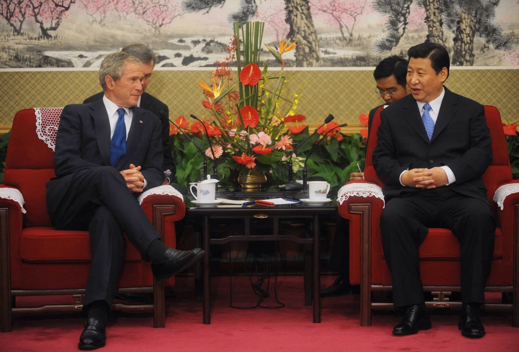 Photo by MANDEL NGAN / AFP US President George W. Bush (L) speaks with Chinese Vice President Xi Jinping during a meeting in the Zhongnanhai compound in Beijing on August 10, 2008. Photo by MANDEL NGAN / AFP US President George W. Bush (L) speaks with Chinese Vice President Xi Jinping during a meeting in the Zhongnanhai compound in Beijing on August 10, 2008.