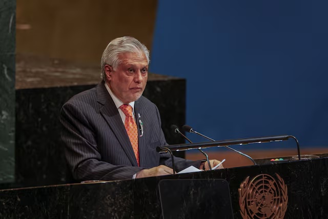 Mohammad Ishaq Dar, Deputy Prime Minister and Minister for Foreign Affairs of Pakistan, speaks during a High-level International Conference for the Peaceful Settlement of the Question of Palestine and the Implementation of the Two-State Solution at U.N. headquarters in New York City, U.S., July 28, 2025. REUTERS/Jeenah Moon 