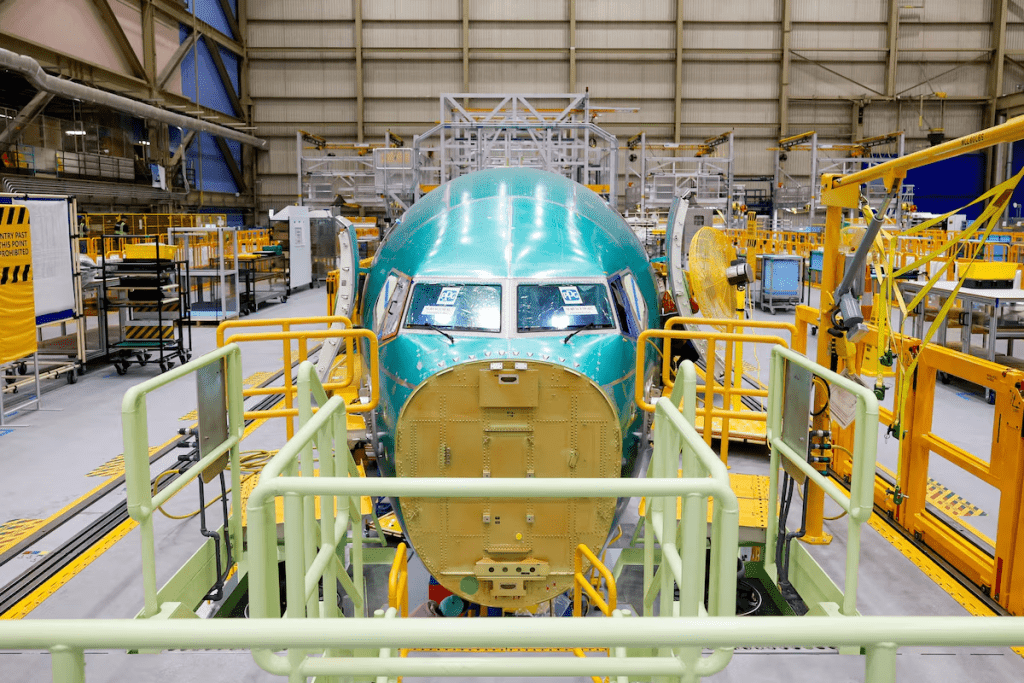 A 737 MAX 10 for WestJet, at the new North Line at the Boeing Everett Factory in Everett, Washington, U.S., July 8, 2026. Jennifer Buchanan/Seattle Times/Pool via REUTERS/File Photo