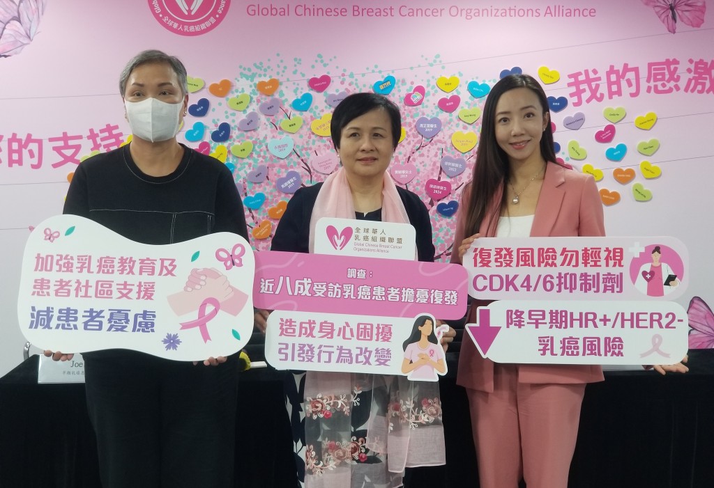 (Left) Joe, Early breast cancer patient; Mary Hemrajani, Chairman of the Global Chinese Breast Cancer Organizations Alliance; Dr. Lee Wai Man Sarah, Clinical Oncologist.