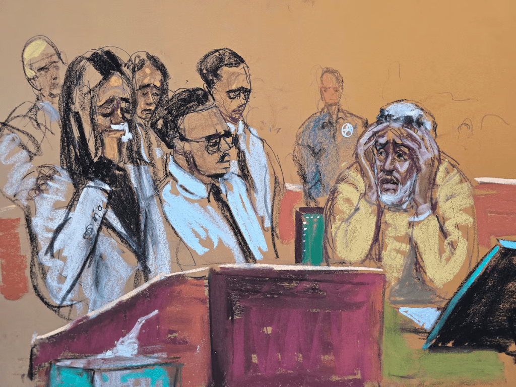Sean "Diddy" Combs becomes emotional as his children go to the podium to make impact statements during a court sentencing, after the music mogul was convicted on charges of transporting prostitutes to engage in drug-fueled sexual performances, in New York City, October 3, 2025 in this courtroom sketch. REUTERS/Jane Rosenberg