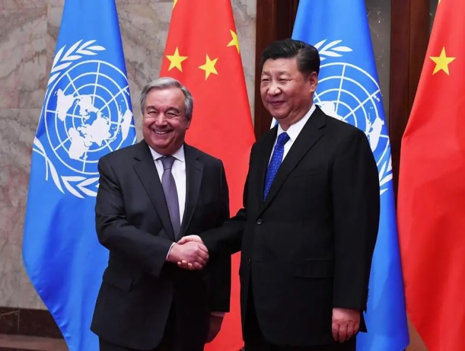 U.N. Secretary-General Antonio Guterres shakes hands with Chinese President Xi Jinping at the Great Hall of the People in Beijing, China, April 8, 2018. © 2018 Reuters U.N. Secretary-General Antonio Guterres shakes hands with Chinese President Xi Jinping at the Great Hall of the People in Beijing, China, April 8, 2018. © 2018 Reuters