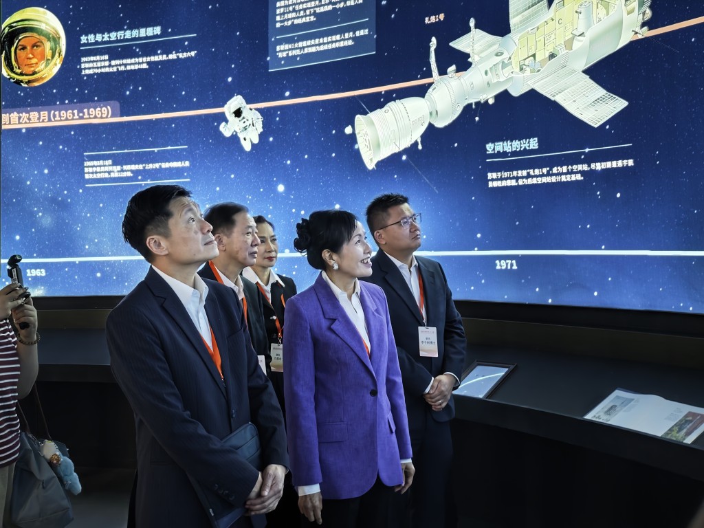 The delegation visits the Shenzhou Aerospace Science and Technology Museum, where models showcase the development of China’s space program.