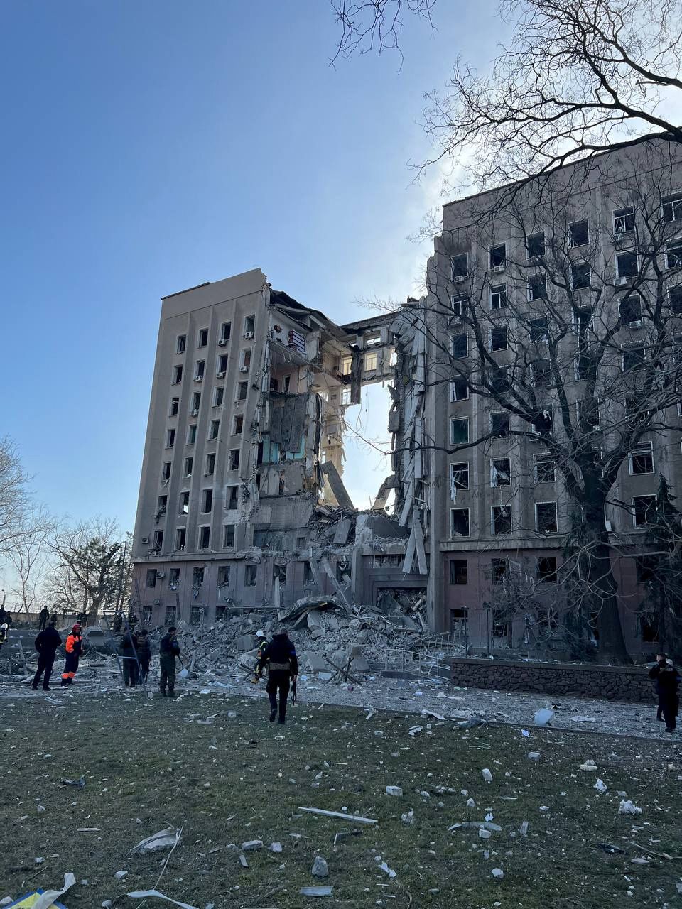 First responders are seen at the site of the Mykolaiv Regional State Administration building, after it was severely damaged amid the ongoing Russia's invasion, in Mykolaiv, Ukraine. (Reuters) First responders are seen at the site of the Mykolaiv Regional State Administration building, after it was severely damaged amid the ongoing Russia's invasion, in Mykolaiv, Ukraine. (Reuters)