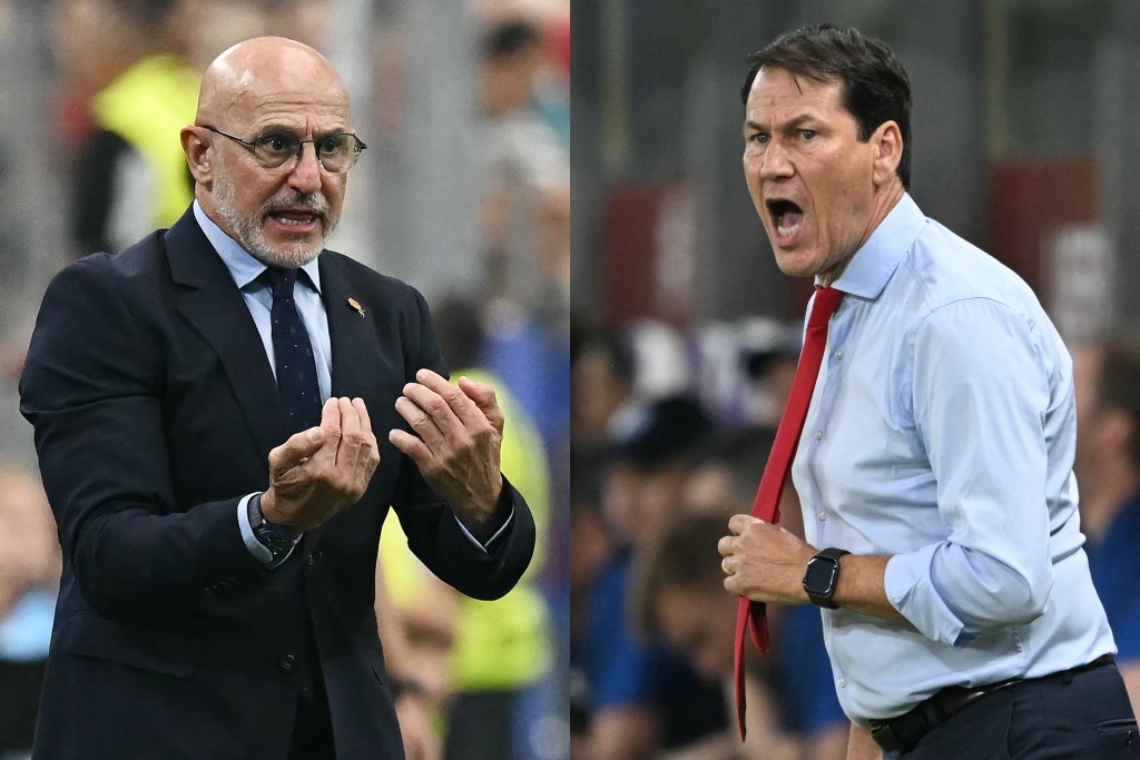 Photo by PAUL ELLIS / AFP  This combination of pictures created on July 8, 2026, shows Spain's head coach Luis de la Fuente (L) gesturing in Arlington on July 6, 2026; and Belgium's French head coach Rudi Garcia (R) gesturing in Anderlecht on September 7, 2025.