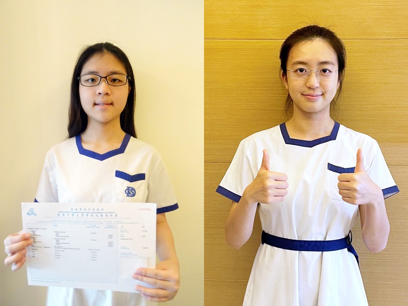 Diocesan Girls' School produced two top-scorers, including Emily Chan Hoi-ying (left), a super-scorer who got 5** in eight subjects, and Lee Cheuk-nam who got top scores in seven subjects.