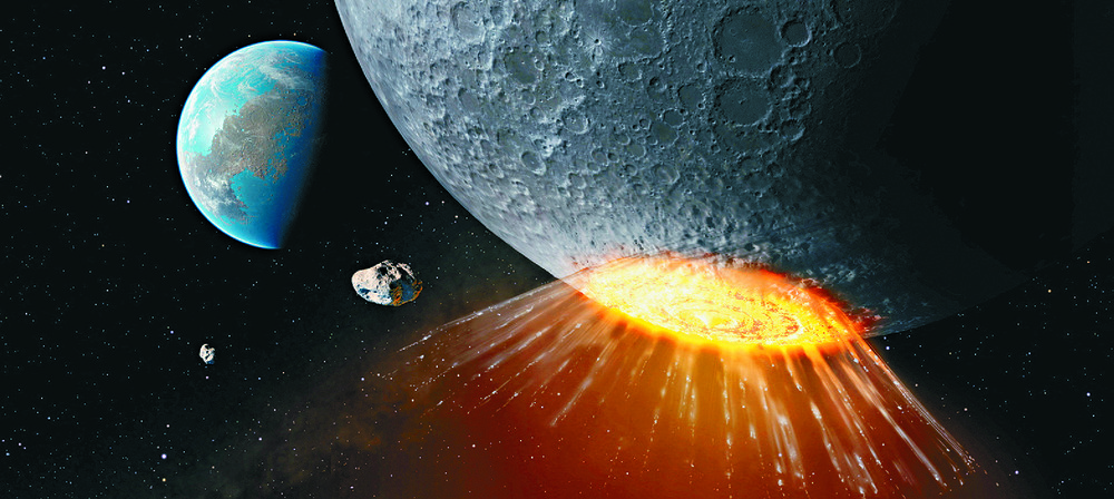 An artistic rendering shows an asteroid striking near the moon's south pole about 3.8 billion years ago – an impact that carved out two large craters. Reuters An artistic rendering shows an asteroid striking near the moon's south pole about 3.8 billion years ago – an impact that carved out two large craters. Reuters