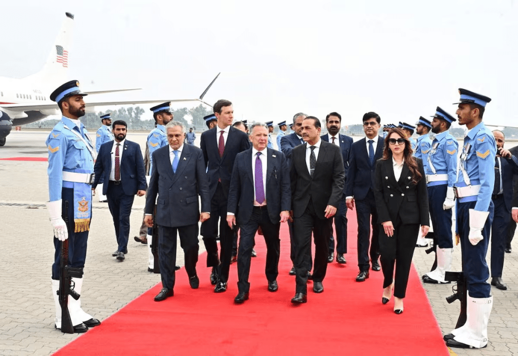 U.S. Special Envoy Steve Witkoff and Jared Kushner walk with Pakistan's Chief of Defence Forces and Chief of Army Staff Field Marshal Asim Munir, and Pakistani Deputy Prime Minister and Foreign Minister Mohammad Ishaq Dar after arriving for peace talks with Iranian officials in Islamabad, Pakistan, Saturday, April 11, 2026. Pakistan's Ministry of Foreign Affairs/Handout via REUTERS