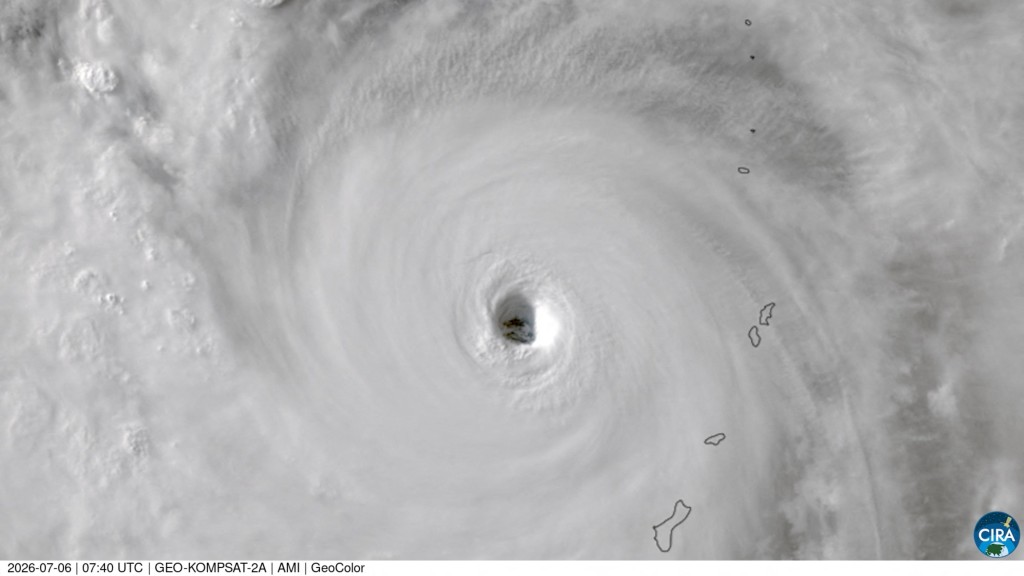 A satellite image shows Typhoon Bavi crossing the Marianas and continuing westward across the Philippine Sea, July 6, 2026, in this screengrab from a handout video. CSU/CIRA & KMA/NMSC/Handout via REUTERS 
