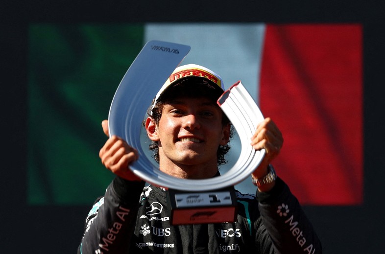 Kimi Antonelli celebrates on the podium after winning the Spanish Grand Prix. REUTERS