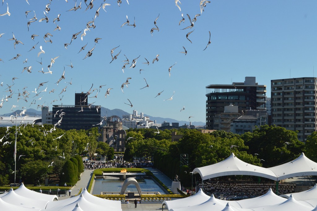 Doves are released during a memorial at the Peace Memorial Ceremony, on the 81st anniversary of the dropping of the atomic bomb, at the Peace Memorial Park in Hiroshima on August 6, 2026. (AFP)