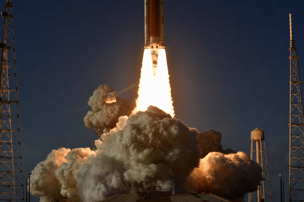 NASA's Artemis II mission to fly by the moon, comprising of the Space Launch System (SLS) rocket with the Orion crew capsule, lifts off from the Kennedy Space Center in Cape Canaveral, Florida, U.S., April 1, 2026. REUTERS/Steve Nesius