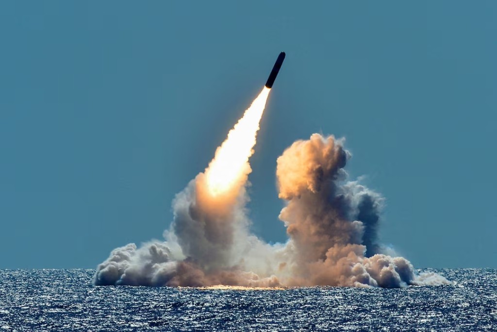  An unarmed Trident II D5 missile is test-launched from the Ohio-class U.S. Navy ballistic missile submarine USS Nebraska off the coast of California, U.S. March 26, 2018. U.S. Navy/Mass Communication Specialist 1st Class Ronald Gutridge/Handout via REUTERS/ File Photo