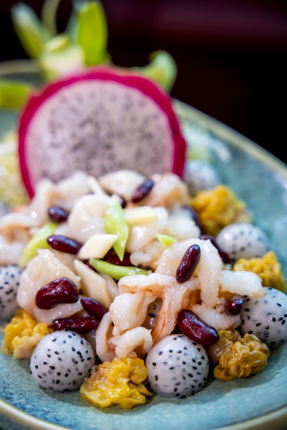 Wok-fried shrimp with pitaya and yellow fungus available this April at Hong Kong Disneyland Hotel's Crystal Lotus.
