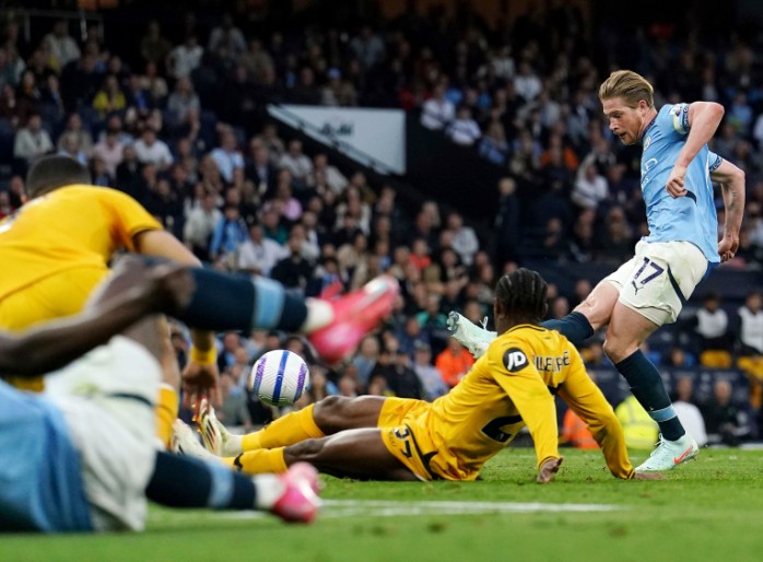 Kevin De Bruyne scores only his sixth goal this season but it's enough to secure the points for City. AP