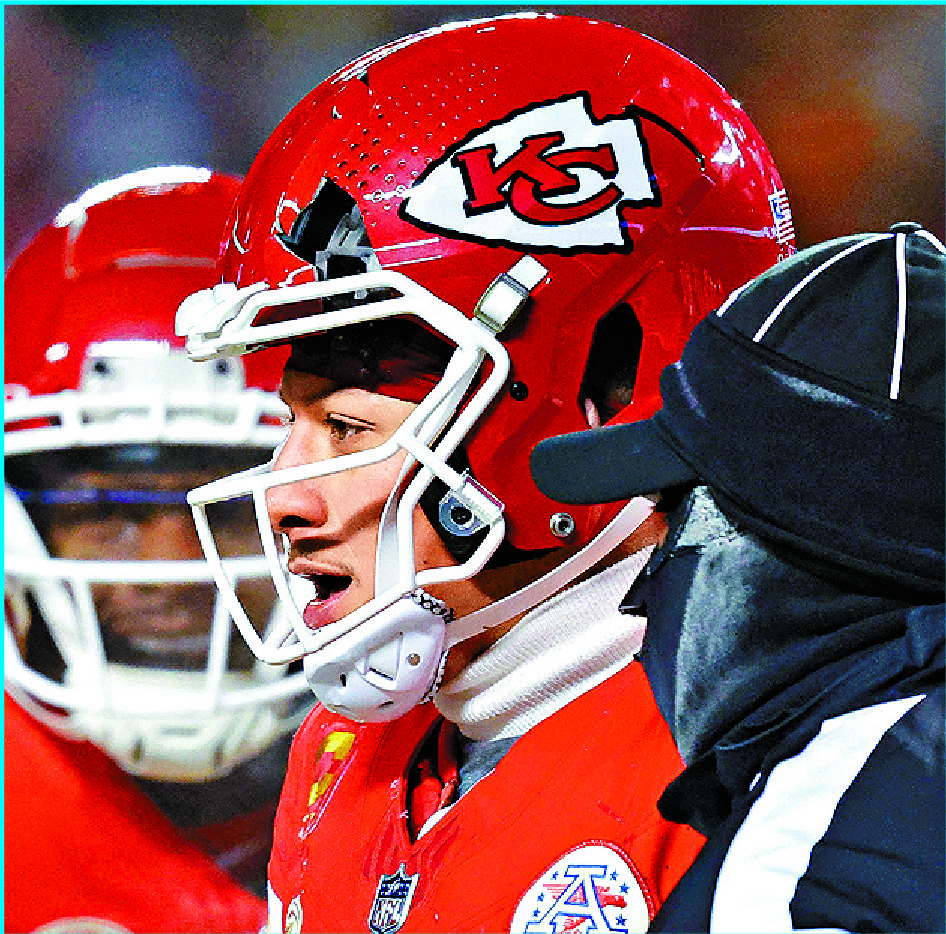 Patrick Mahomes walks off to replace helmet. AFP Patrick Mahomes walks off to replace helmet. AFP