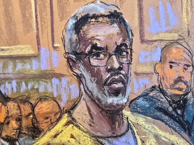 Sean "Diddy" Combs listens as lawyer Alexandra Shapiro argues during a hearing over his bid to overturn his conviction on charges of transportation to engage in prostitution, at a courtroom in New York, U.S., September 25, 2025 in this courtroom sketch. REUTERS/Jane Rosenberg
