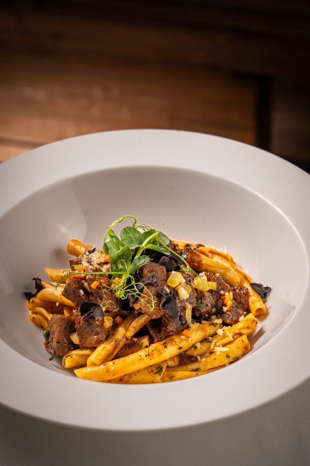 Strozzapreti, Braised Wagyu Beef Cheek, Barolo Wine Sauce, Black Truffles presented by Cucina, Marco Polo Hongkong Hotel.