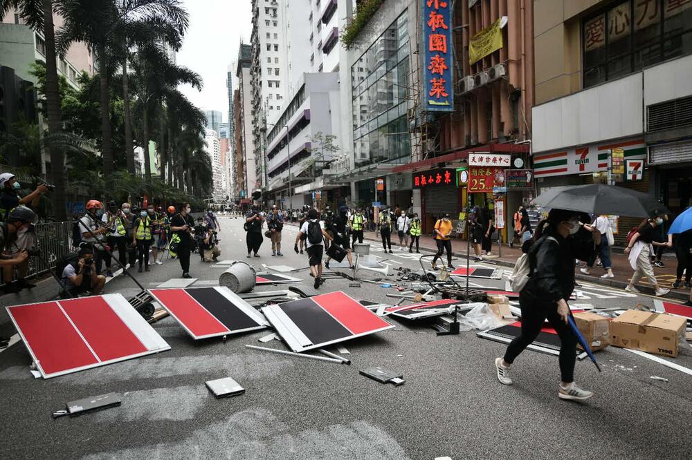 Road blocks were seen in Wan Chai Road blocks were seen in Wan Chai