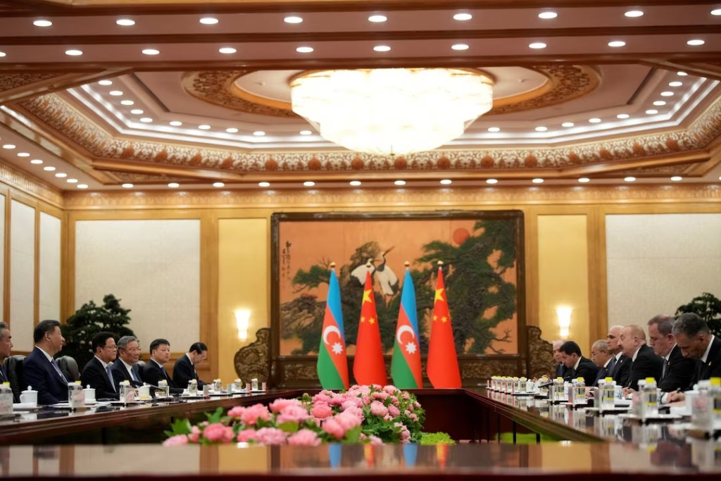 Chinese President Xi Jinping and Azerbaijani President Ilham Aliyev attend a meeting at The Great Hall of The People in Beijing, China, April 23, 2025. IORI SAGISAWA/Pool via REUTERS