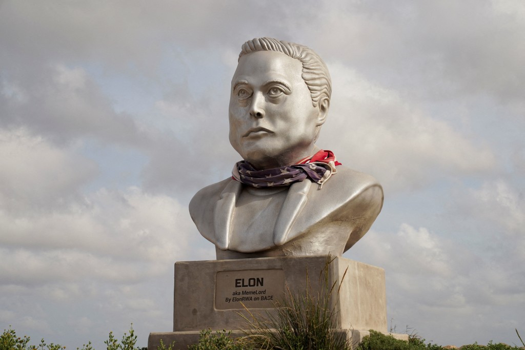 A bust of Elon Musk, as SpaceX prepares to file for an initial public offering (IPO), in Brownsville, Texas, U.S. March 31, 2026.  REUTERS