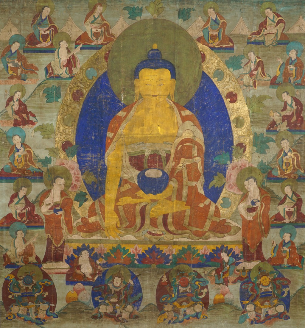 Shakyamuni Buddha and the 16 Arhats – This thangka is estimated to be created between the 19th and 20th centuries in Amdo, Qinghai. It depicts Śākyamuni Buddha seated at the center in a meditative posture, surrounded by scenes of his enlightenment and key life events. Below the central figure are the Four Heavenly Kings – the protectors of the four cardinal directions in Buddhist cosmology.