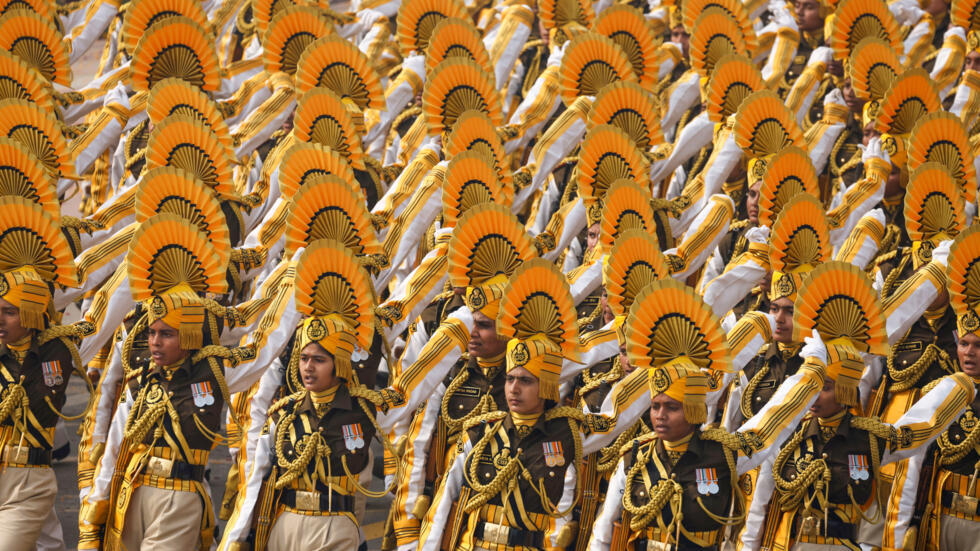 Indian soldiers march at the Republic Day parade in New Delhi in January. The country announced on Sunday the first test firing of a hypersonic missile. (AFP) Indian soldiers march at the Republic Day parade in New Delhi in January. The country announced on Sunday the first test firing of a hypersonic missile. (AFP)