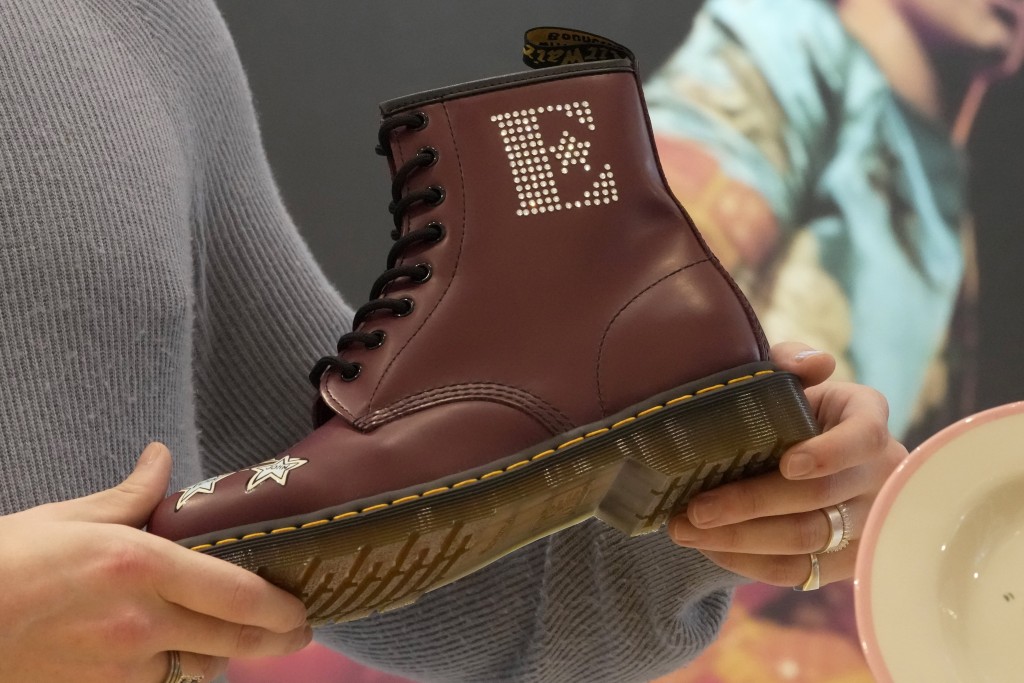 A Dr Martens boot inspired by Elton John's famous Pinball Wizard outfit is shown at a promotional event in London, March 20, 2023. Reuters