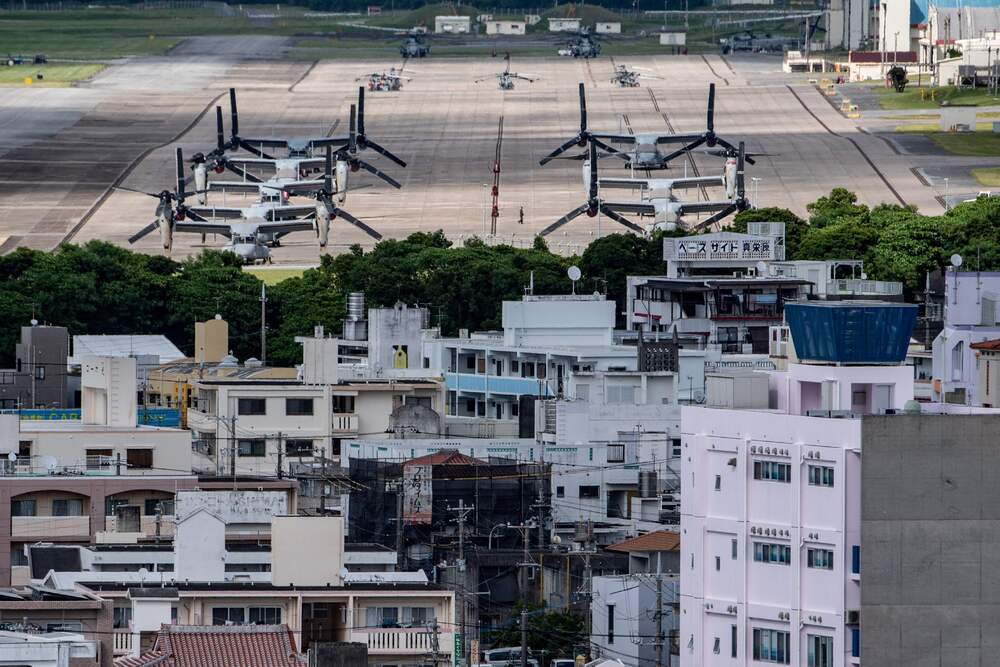 This picture taken on August 23, 2022, shows a general view of the US Marine Corps Air Station Futenma from Kakazutakadai Park in Ginowan, Okinawa prefecture. (AFP) This picture taken on August 23, 2022, shows a general view of the US Marine Corps Air Station Futenma from Kakazutakadai Park in Ginowan, Okinawa prefecture. (AFP)