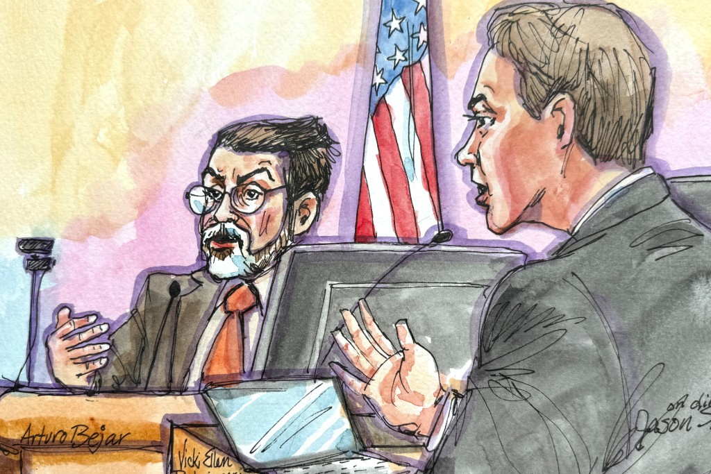 FILE PHOTO: Arturo Bejar, a former Facebook safety engineer and Instagram consultant, is questioned by states' lawyer Jason Slothouber before U.S. District Judge Yvonne Gonzalez Rogers in a courtroom sketch as Meta faces a landmark federal trial over claims from 29 states that it improperly captured data from minors, designed its social media platforms to addict children, and misled the public about their safety, in Oakland, California, U.S., August 18, 2026. REUTERS/Vicki Behringer