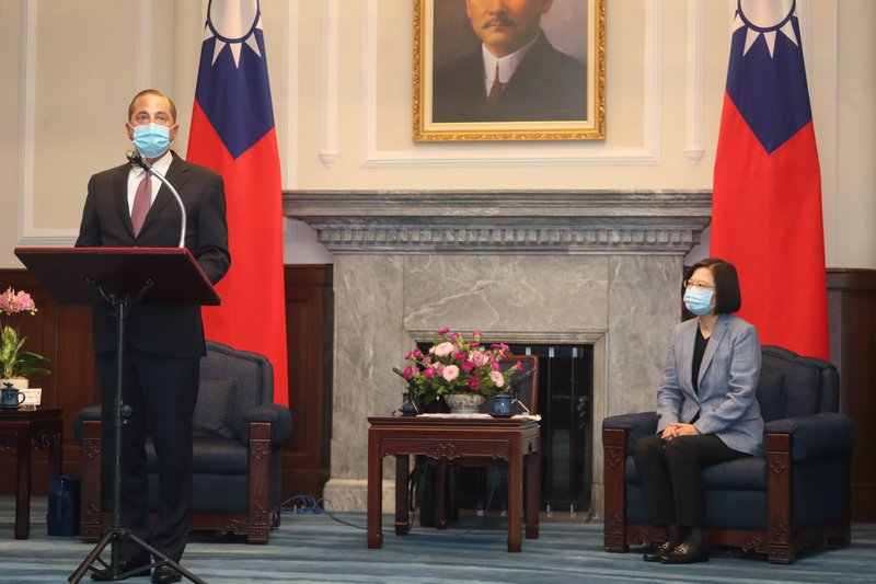 U.S. Health and Human Services Secretary Alex Azar, left, speaks during a meeting with Taiwan's President Tsai Ing-wen in Taipei, Taiwan today. U.S. Health and Human Services Secretary Alex Azar, left, speaks during a meeting with Taiwan's President Tsai Ing-wen in Taipei, Taiwan today.