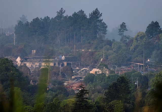 Rubble and damaged buildings after a blast at a fireworks manufacturing factory in Liuyang, Hunan province, China, May 6, 2026. REUTERS/Maxim Shemetov