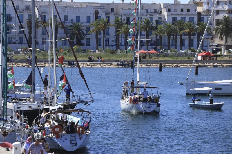 A boat that is part of the Global Sumud Flotilla departs to Gaza to deliver aid amidst Israel’s blockade on the Palestinian territory, in the Tunisian port of Bizerte, Saturday, Sept. 13, 2025. (AP Photo/Anis Mili)