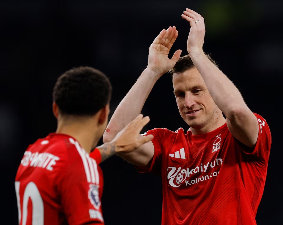 Nottingham Forest's Chris Wood applauds fans after the match. (Reuters)