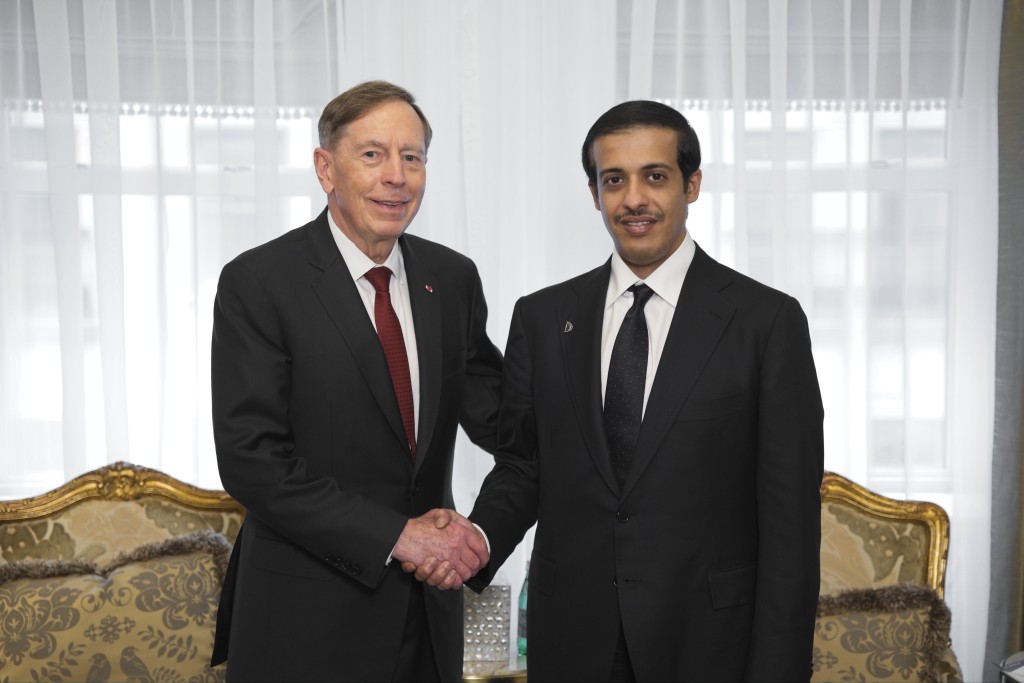 David Petraeus and Sheikh Abdulrahman bin Fahad bin Faisal Al Thani at the MoU signing in New York.