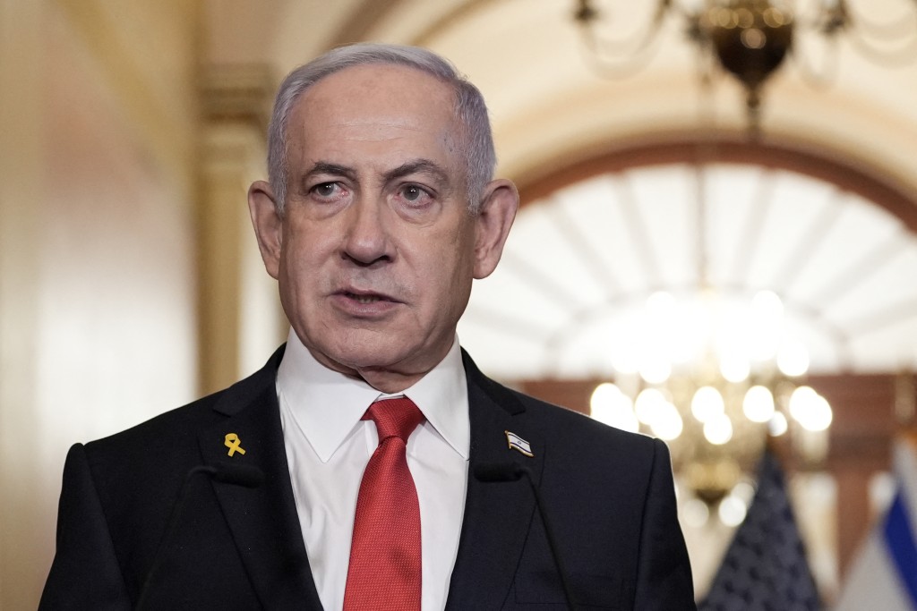 Photo by OLIVER CONTRERAS / AFP  Israeli Prime Minister Benjamin Netanyahu speaks to the press at the US Capitol following his closed-door meeting with US Speaker of the House Mike Johnson, Republican from Louisiana, in Washington, DC, on February 7, 2025.