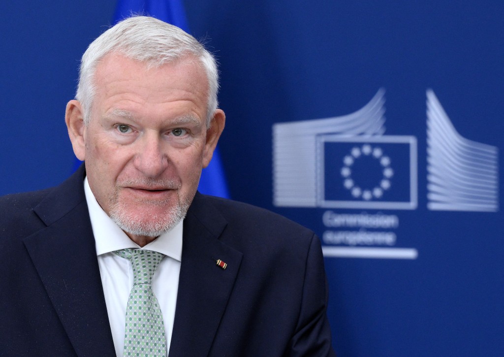 Director of the Department of Child and Adolescent Psychiatry, Psychosomatics and Psychotherapy at Ulm University Medical Center Dr Jorg M Fegert addresses the audience during a press conference on the handover of the final report of the Special Panel on child safety online in Brussels on July 13, 2026. (Photo by JOHN THYS / AFP)