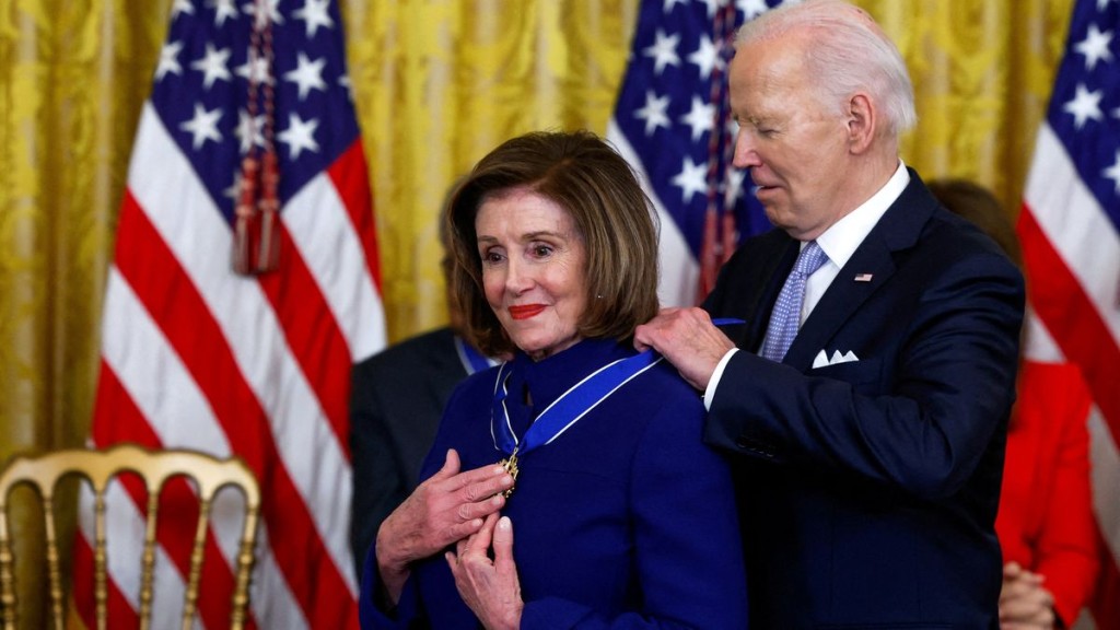 FILE PHOTO: U.S. President Joe Biden presents the Presidential Medal of Freedom to U.S. Representative and former House Speaker Nancy Pelosi during a ceremony at the White House in Washington, U.S., May 3, 2024. REUTERS