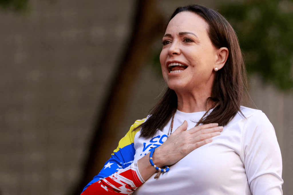 Venezuelan opposition leader Maria Corina Machado gestures at a protest ahead of the Friday inauguration of President Nicolas Maduro for his third term, in Caracas, Venezuela January 9, 2025. REUTERS/Leonardo Fernandez Viloria/File Photo 