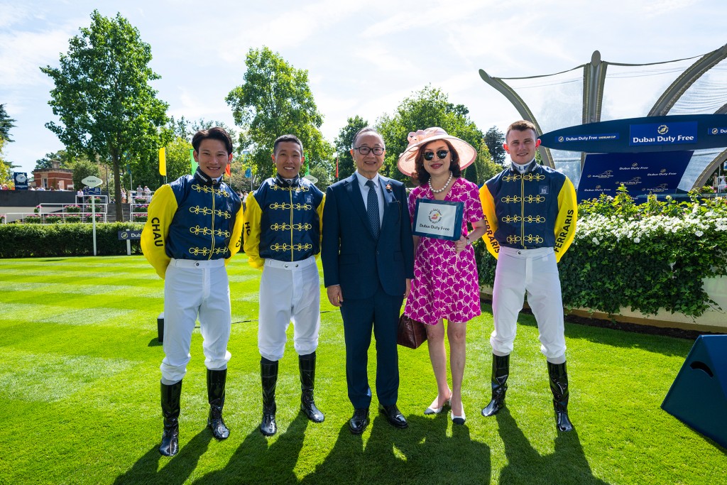 Chairman of the Hong Kong Jockey Club Martin Liao (centre) and Mrs Liao wish Team Hong Kong every success ahead of the 2026 Dubai Duty Free Shergar Cup at Ascot Racecourse.