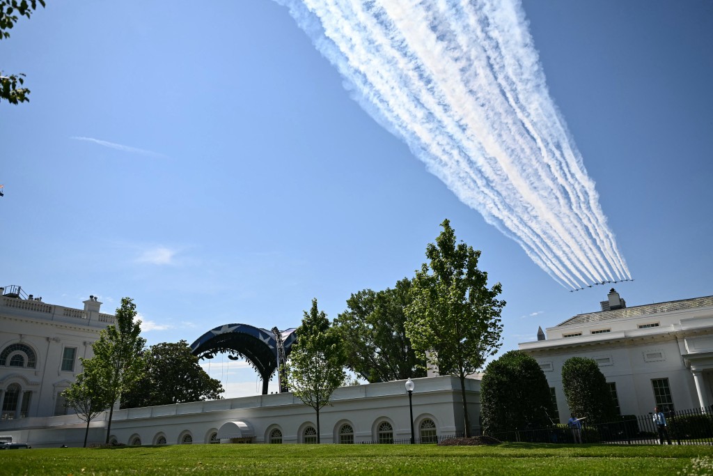 US military jets practice a flyover ahead of the UFC Freedom 250 event at the White House in Washington, DC on June 12, 2026. (AFP)